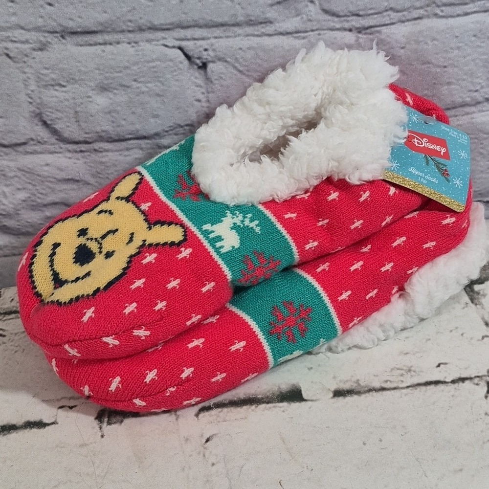 Disney Winnie The Pooh Christmas Slipper Socks Shoe Size 4-10 New